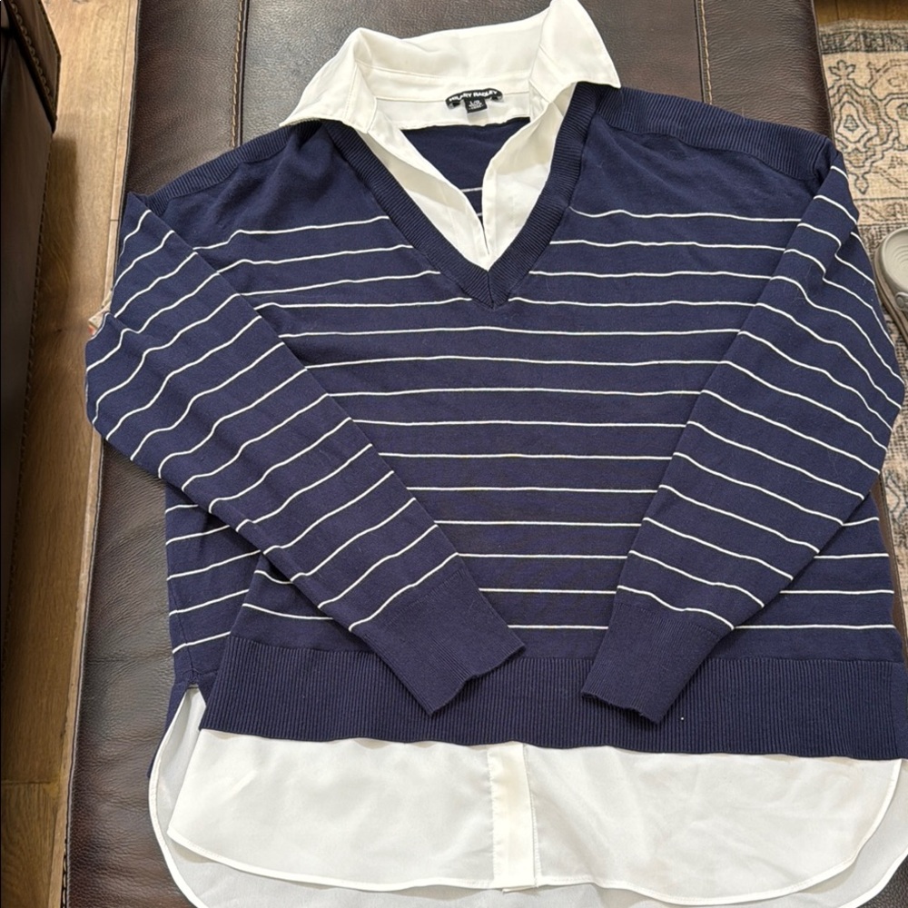 Hilary Radley V-Neck Blue and White Striped Top